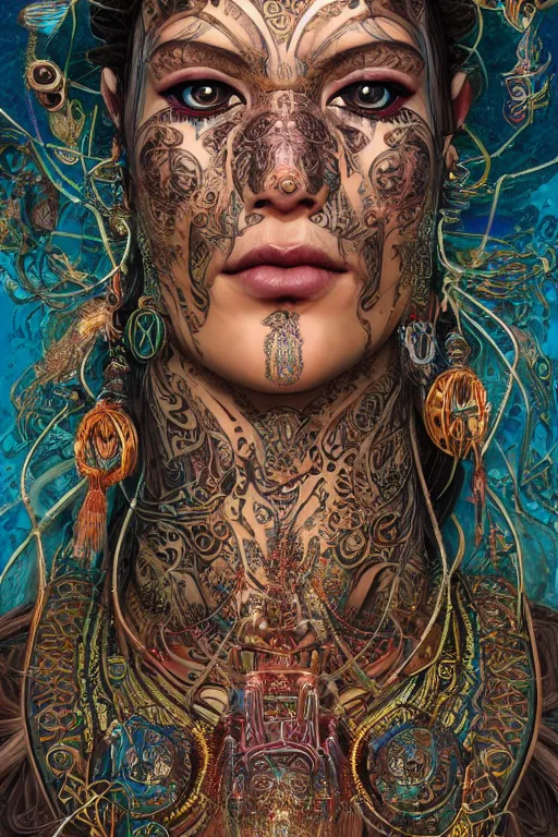 Image similar to a centered render of an mytical festival hippy with tribal tattoos wearing intricate metallic clothing surrounded by a underwater ink pour and flowing liquid gallium and sacred geometry, perfect body and face, gorgeous, cinematic, beautifully lit, by noriyoshi ohrai, by karol bak, by donato giancola, 3 d, trending on artstation, octane render, 8 k