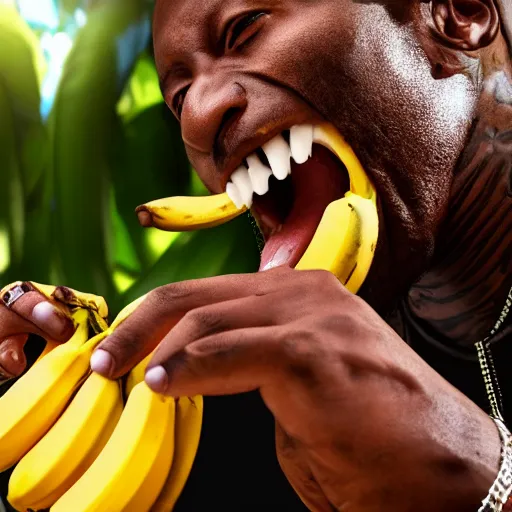 Image similar to angry gucci mane eating bananas in the hood, 8k resolution, full HD, cinematic lighting, award winning, anatomically correct