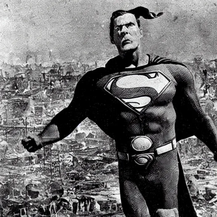 Prompt: “Close-up of very old and tired and bald and sad Superman flying over destroyed city. Newspaper photo.”