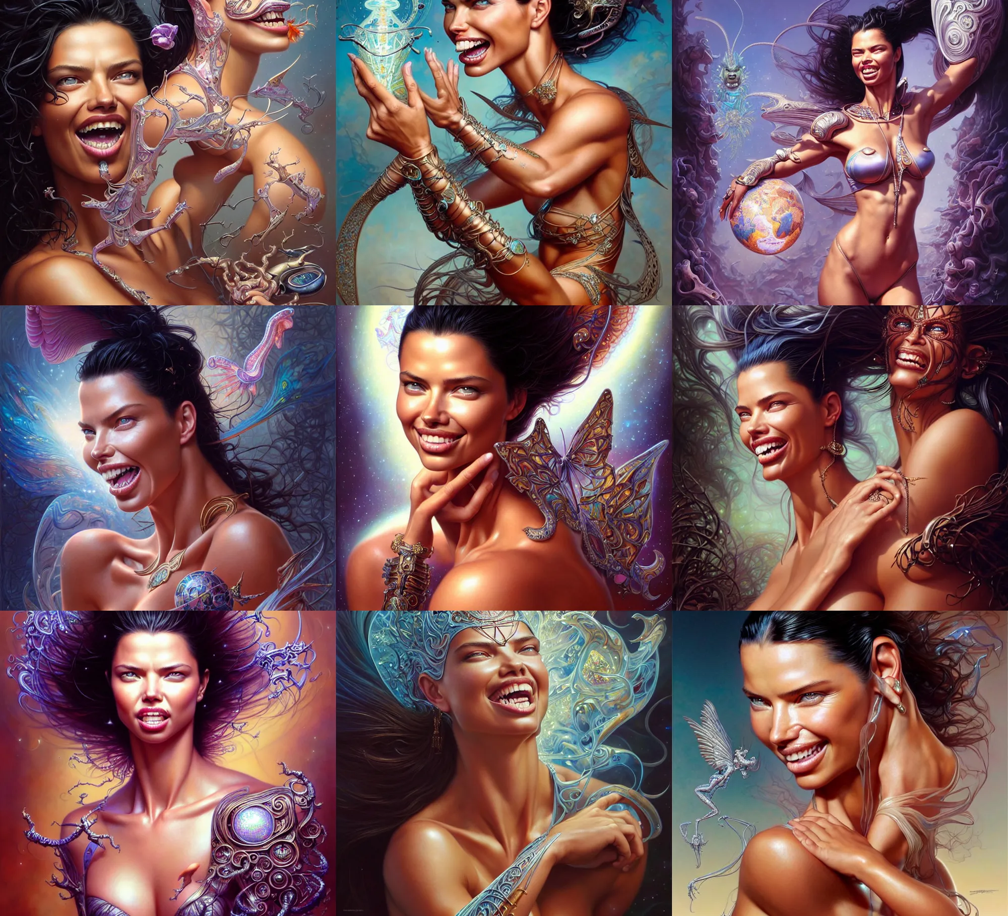 Prompt: beautiful portrait, adriana lima, ultra realistic, happy, smile, laughing, intricate details, holographic artifacts, highly detailed by peter mohrbacher, boris vallejo, hajime sorayama, wayne barlowe, paolo eleuteri serpieri