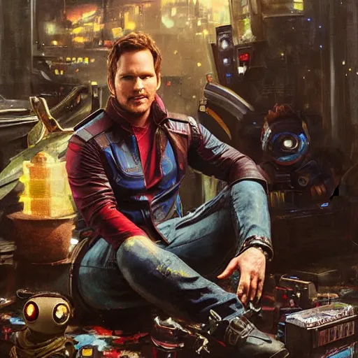 Image similar to the actor chris pratt as star lord sitting beside the doll chucky, disney land as backdrop, oil painting, by greg rutkowski