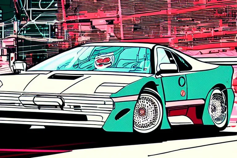 Prompt: vintage archival race footage of a single 1995 Vector W8 Twin Turbo, with elements of the BMW M1, city in anime cyberpunk style by Hayao Miyazaki