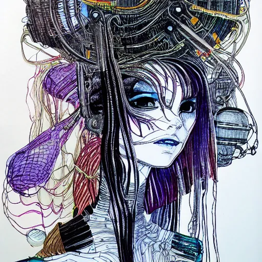 Image similar to scifi portrait of a girl wearing a strange mechanical hat covered in loose wires, black pen and water color, by Terada Katsuya