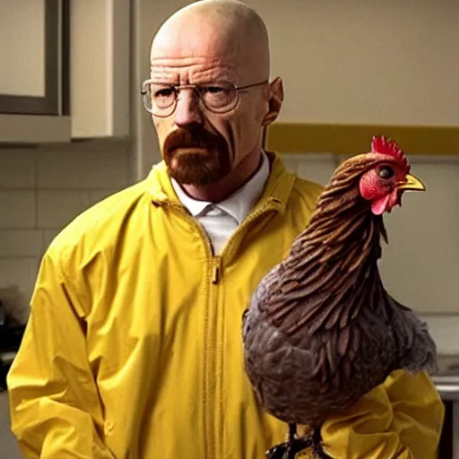 Image similar to Walter White dressed up as a chicken from Los Pollos Hermanos