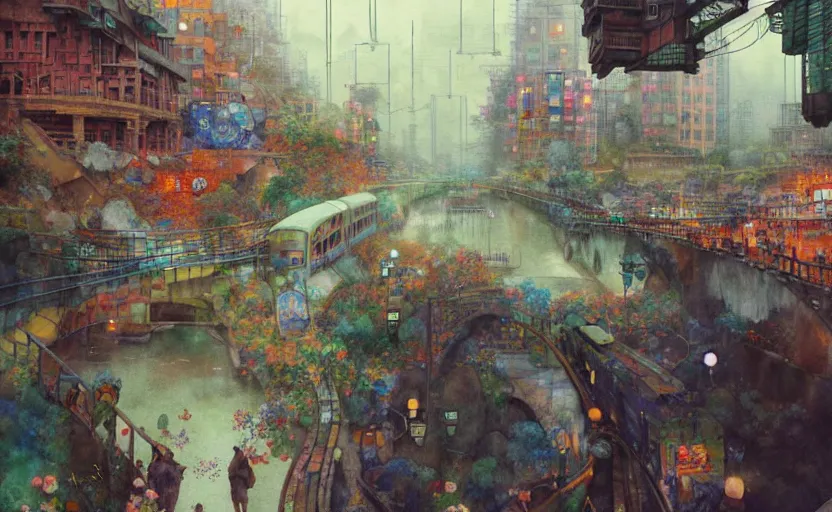 Image similar to an urban train rides inside of a waterway on a fantasy city. intricate, amazing composition, colorful watercolor, by ruan jia, by maxfield parrish, by marc simonetti, by hikari shimoda, by robert hubert, by zhang kechun, illustration, gloomy