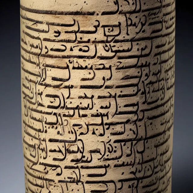 Prompt: a full realistic photo of a tall and thin cylindrical clay scroll jar with two sentences of nabatean aramaic, dark, brooding, atmospheric, volume lighting