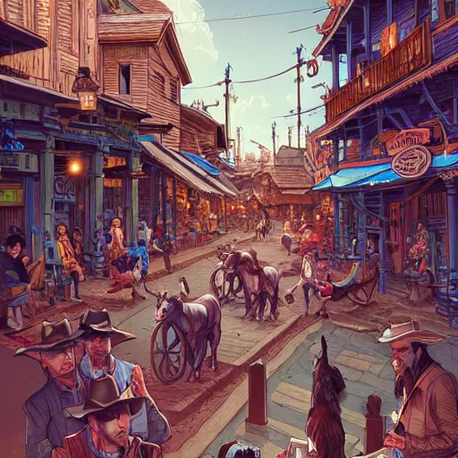 Prompt: old western town, extremely detailed, sharp focus, wide view, full body shot, smooth, digital illustration, by james jean, by rossdraws, frank franzzeta, sakimichan
