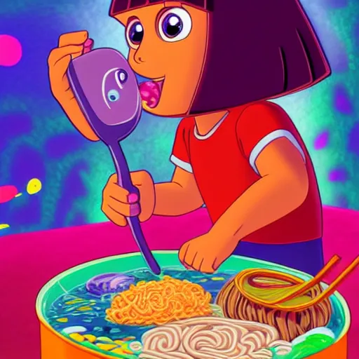 Image similar to Dora the explorer eating ramen noodles. cinematic, cartoon, detailed, under water, vegitation, psychedelic, dramatic lighting, trending on deviantart