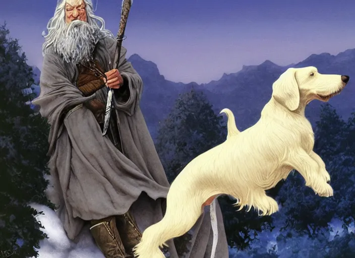 Prompt: Gandalf the White riding a dachshund, intricate artwork by Angus McBride, John Howe, Matthew Stewart, Ted Nasmith, highly detailed