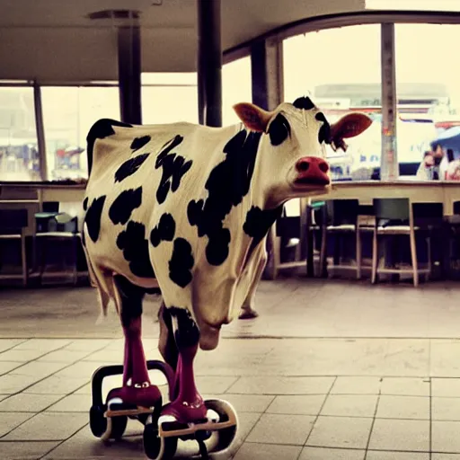 Image similar to simple cow on roller skates in diner