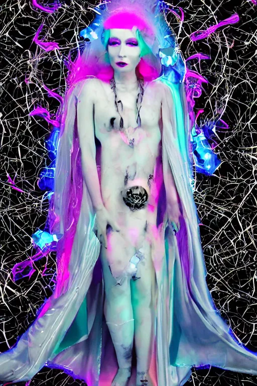 Image similar to photo of full-body baroque and cyberpunk delicate neon crystalline sculpture of ((beautiful feminie albino princess Latina)) as an onyx humanoid deity wearing ((peach plastic hooded cloak)) (holding an onyx skull) in a onyx aztec temple, reclining, glowing blue face, crown of (pink lasers), large blue diamonds, swirling black silk fabric. futuristic elements. oozing glowing liquid, full-length view. space robots. intricate artwork by caravaggio. Trending on artstation, octane render, cinematic lighting from the right, hyper realism, photorealistic, octane render, 8k, depth of field, 3D