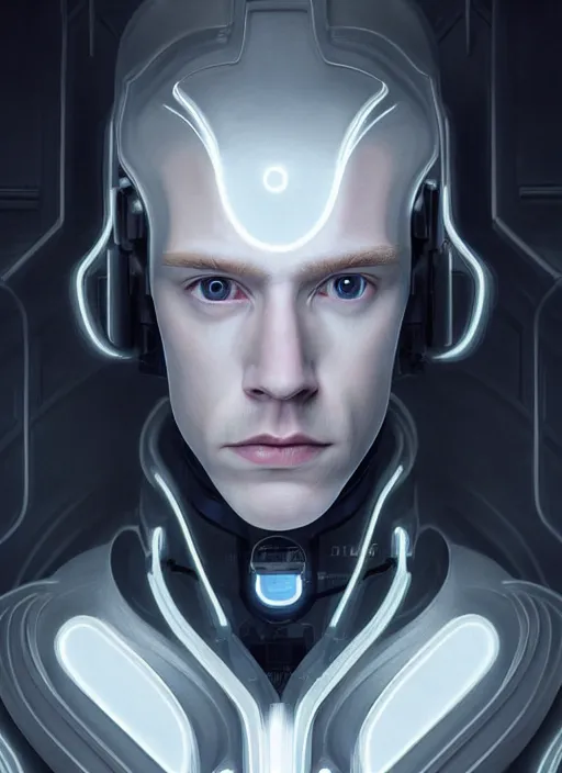Image similar to symmetry portrait of a pale blond androgynous irish male cyborg with very curly long blond curly hair, clean shaven!!!!, sci - fi, black cybernetic armor, glowing lights intricate, elegant, highly detailed, digital painting, artstation, concept art, smooth, sharp focus, illustration, art by artgerm and greg rutkowski and alphonse mucha