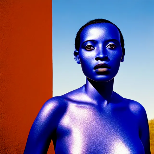 Image similar to portrait of iridescent metalic face, african woman, mercury, smooth reflections, proud looking away, outdoor, blue sky, 8 k, realistic, depth of field, highly detailed, award winning photography, by richard mosse