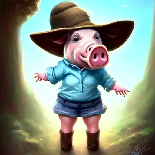 Image similar to cute little anthropomorphic funny female pig wearing shorts, a hat, boots and a pale blue shirt!! tiny!! fully clothed!!! small, short, cute and adorable, character art portrait, matte fantasy painting, deviantart artstation, by jason felix by steve argyle by tyler jacobson by peter mohrbacher, cinema