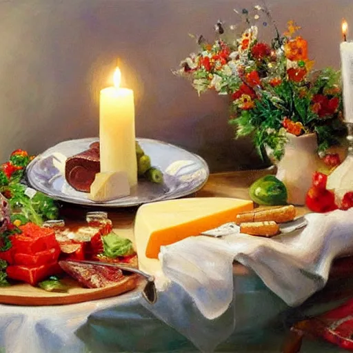 Image similar to a table full of traditional Swedish food, candles, cheese, schnapps, painting by Vladimir Volegov