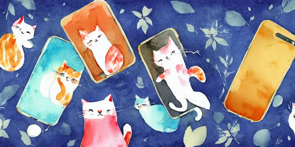 Prompt: watercolor illustration style, cute cats use mobile phone