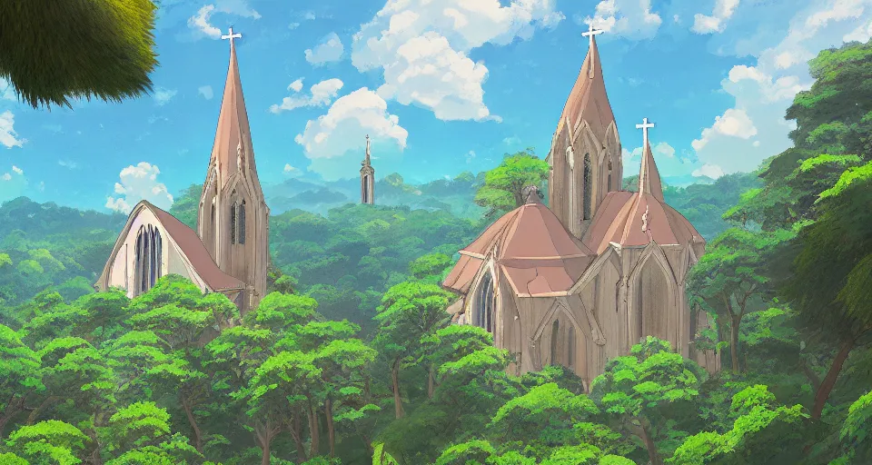 Image similar to view of a catholic church on a forested mountain, in the style of studio ghibli, distant, detailed, artstation, award winning painting,