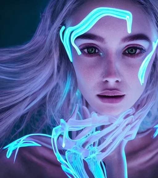 Image similar to bioluminescent long exposure light painting of a beauteous biomechanical practical sumptuous full frame photo realistic face, lifelike incredible hair, crystalline masterpiece incrustations, hyperdetailed face, elegant pose, movie still, intricate, octane render, cinematic forest lighting,