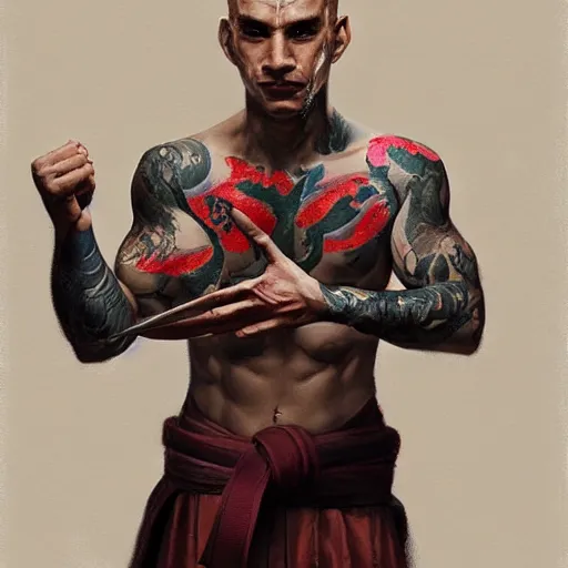 Image similar to A matte oil on canvas portrait of a male martial artist monk, orchid arm tattoos by greg rutkowski and artgerm, trending on artstation, dungeons and dragons art