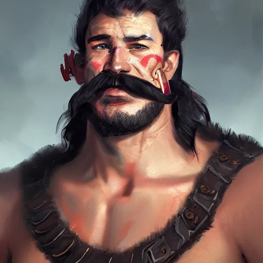 Image similar to portrait old barbarian warrior with trucker mustache and short hair, 8 k, trending on art station, by tooth wu and greg rutkowski