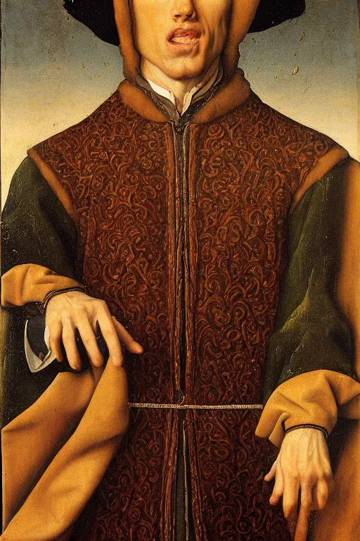 Image similar to renaissance 1 6 0 0 portrait of tom cruise, oil painting by jan van eyck, northern renaissance art, oil on canvas, wet - on - wet technique, realistic, expressive emotions, intricate textures, illusionistic detail