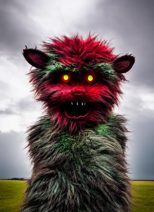 Image similar to hyperrealistic and heavy detailed glowing red eyes dark green furry monster, leica sl 5 0 mm, vivid color, high quality, high textured, real life, full body in shot, far distance, thunder storm