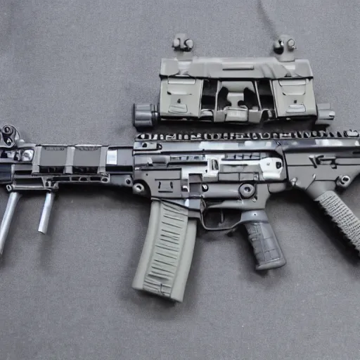 Prompt: grot assault rifle with custom mlock casing and stock