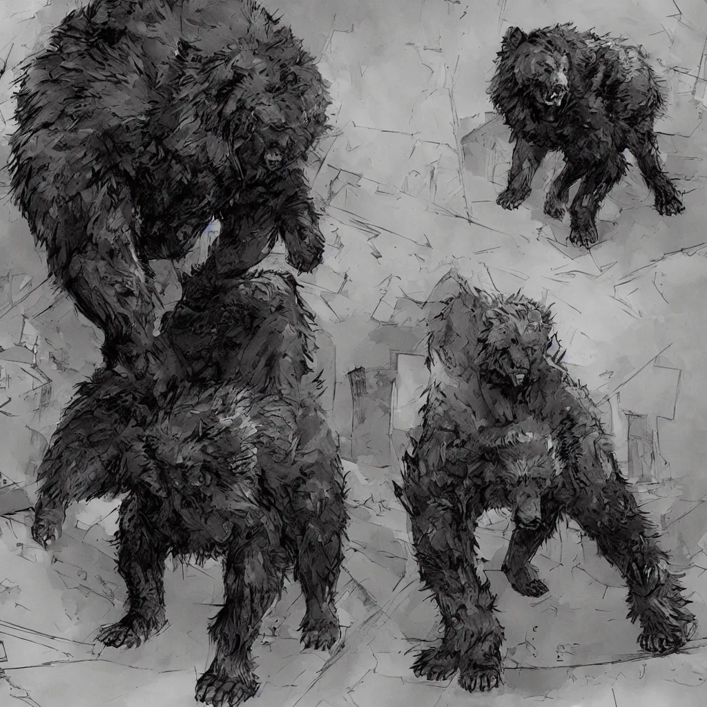 Image similar to large werebear in an alley, in the style of yoji shinkawa