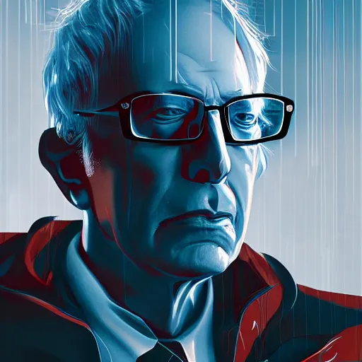 Image similar to cyberpunk bernie sanders as the leader of a futuristic communist nation, cybernetics, sharp lines, digital, artstation, colored in