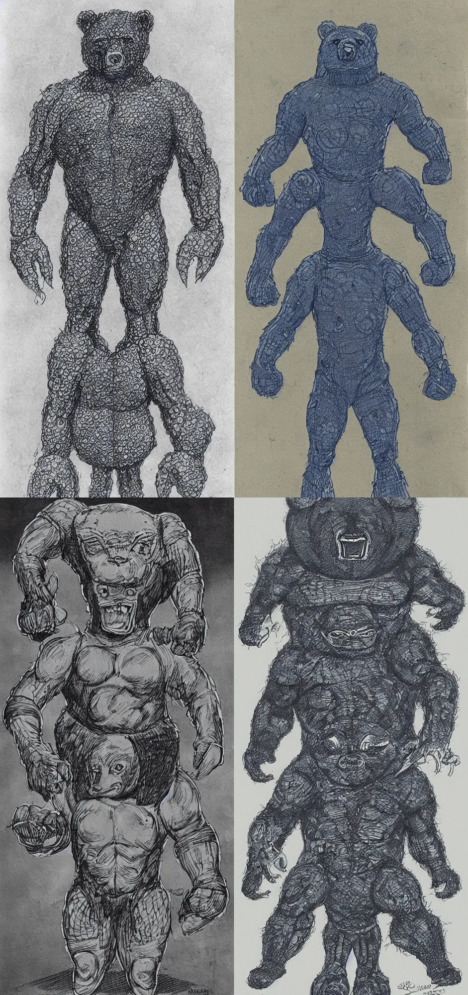 Prompt: a blueprint of a alien wrestler bear by Ron Cobb