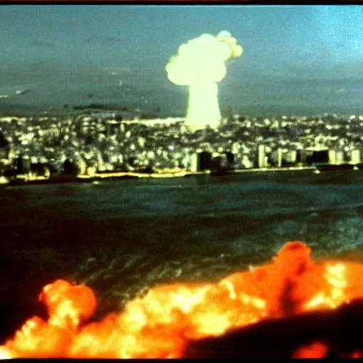 Prompt: nuclear bomb destroying san francisco, movie still, moody