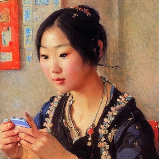 Prompt: portrait of asian beautiful woman watching smartphone masterpiece painting by vasnetsov and surikov, JEAN-VICTOR BERTIN, by Terence Cuneo, detailed, artfully traced, 4k resolution, cinematic