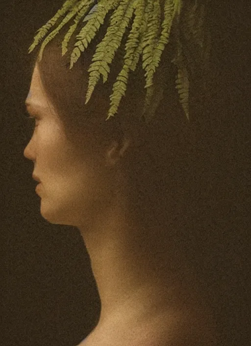 Prompt: a woman's face in profile, made of delicate ferns, in the style of the Dutch masters and Gregory Crewdson, dark and moody