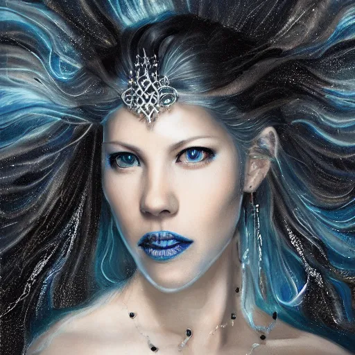 Image similar to masterpiece portrait of an aesthetic mage woman, ice spell, 3 0 years old woman, ( katheryn winnick like ), black dynamic hair, wearing silver diadem with blue gems inlays, silver necklace, painting by joachim bergauer and magali villeneuve, atmospheric effects, chaotic blue sparks dynamics in the background, intricate, artstation, fantasy