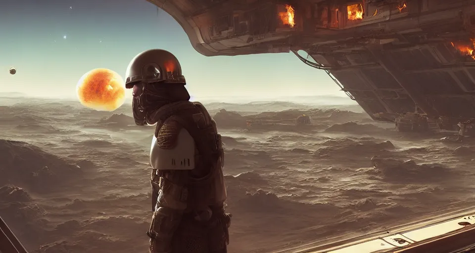 Image similar to a roman soldier standing on the bridge of a space station looks out the window at a burning planet, realistic rendering, unreal engine, 4k, hdr, high dynamic range, f12, simon stalenhag, high tech, star wars cavern interior