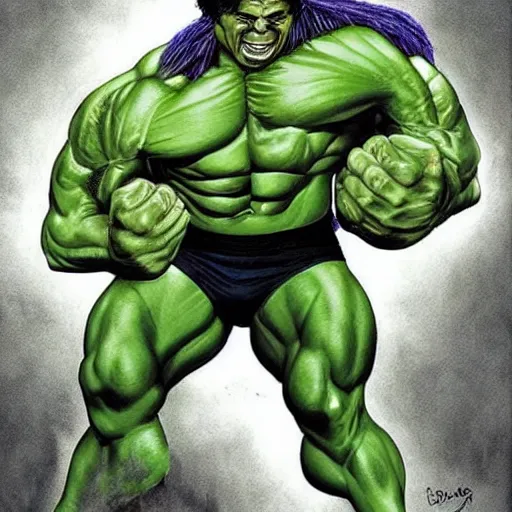 Prompt: ripped physique portrait Lou Ferrigno donning a Hulk costume whilst brandishing a green glowing orb jean sebastien rossbach jeff easley jen bartel