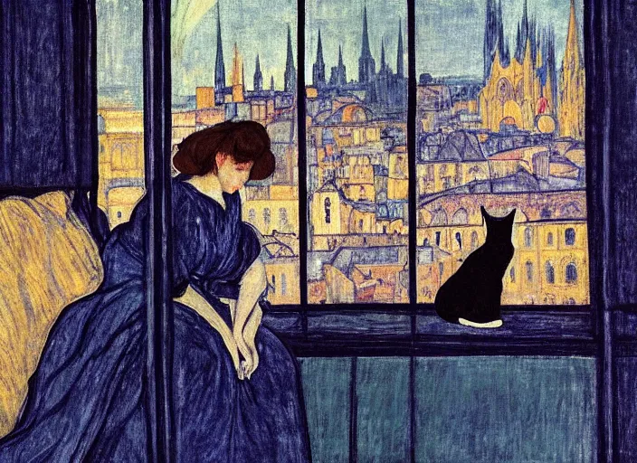 Image similar to close portrait of woman in night gown with cat, with city with gothic cathedral seen from a window frame with curtains. thunderstorm, deep indigo. caravaggio, egon schiele, bonnard, henri de toulouse - lautrec, utamaro, monet - h 7 0 4