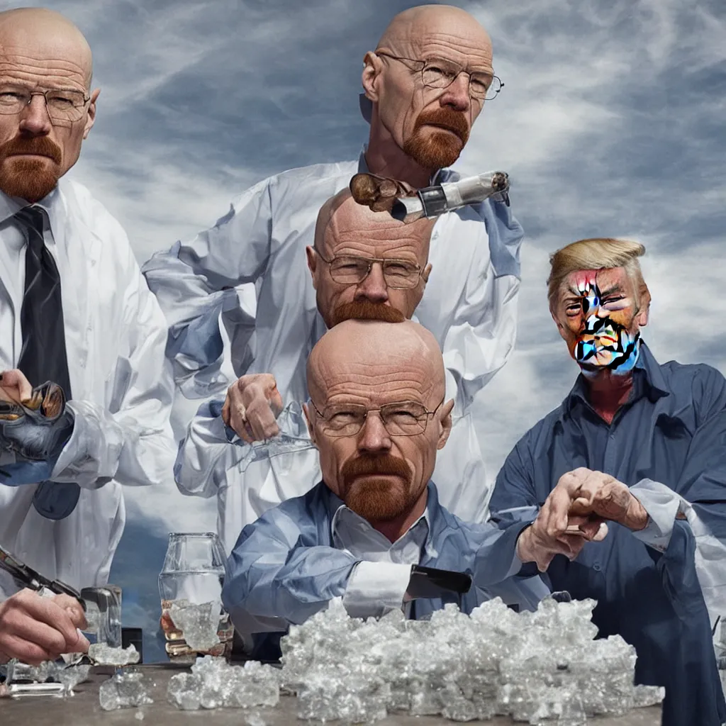 Image similar to Highly detailed photo of Walter White and Donald trump making meth