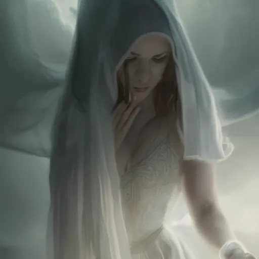 Prompt: white female dancing gost weared with white veils, matte painting, cinematic, epic composition, detailed, atmospheric, wide angle, artstation trending