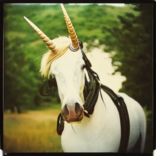 Image similar to grainy head to shoulder portrait polaroid film photograph of a unicorn in a national state park wearing aviator shades. super resolution. surreal. extremely detailed. polaroid 6 0 0 film. by annie leibovitz and richard avedon