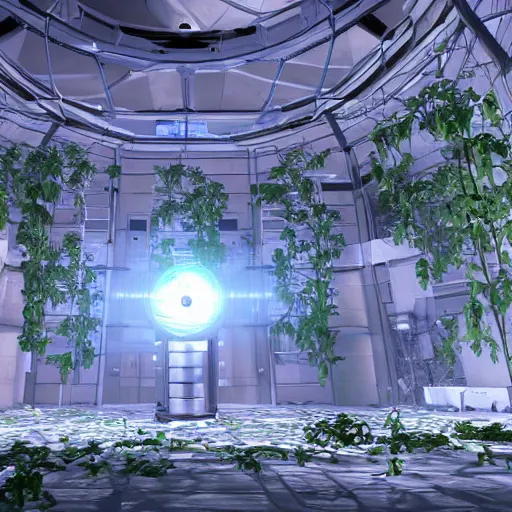 Image similar to Robo-modules of the GLaDOS super computer in the center of a huge hall overgrown with vines and plants of the complex, old computers, a suspension of dust in the air, rays of light through the ceiling, realism, art,