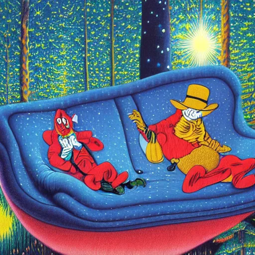 Prompt: psychedelic couch sofa in the pine forest, milky way, designed by moebius, rob gonsalves, gustav dore, giuseppe arcimboldo and carl barks, louis wain, trending on artstation, canada, star, sharp focus, colorful refracted sparkles and lines, soft light, 8 k 4 k