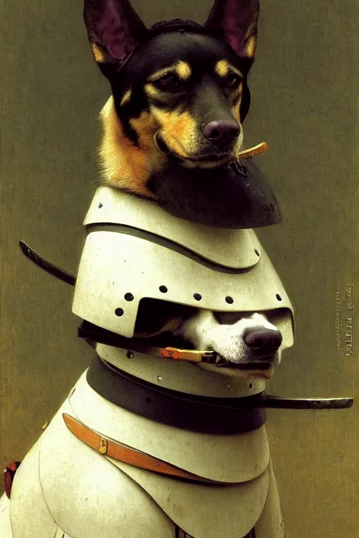 Image similar to portrait of a dog samurai, wearing samurai armor and helmet, majestic, solemn, by bouguereau