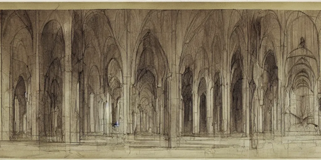 Prompt: sketch by da vinci and Zaha Hadid for mosque in old paper