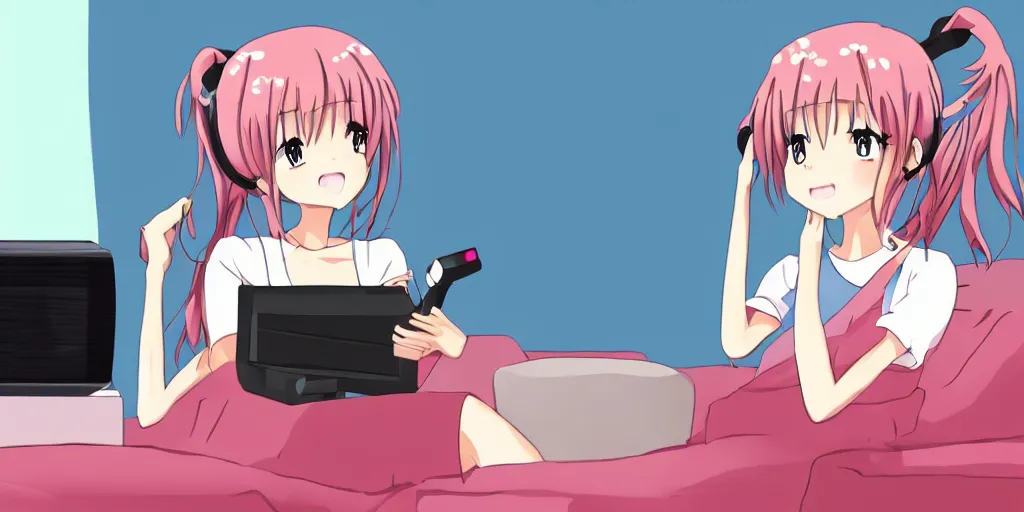 Prompt: A cute anime girl watching tv in the style of Sam Yang.