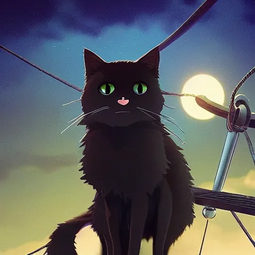 Image similar to a wholesome animation creative key shot of a black cat sailing a boat in the night, full shot, studio ghibli, pixar and disney animation, sharp, rendered in unreal engine 5, anime key art by greg rutkowski, bloom, dramatic lighting