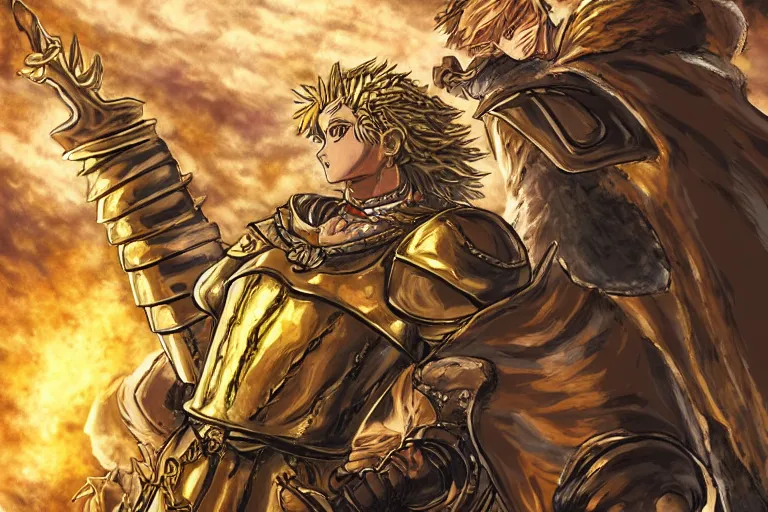 Image similar to an ultra detailed portrait of king richard the lionhearted as a shonen anime protagonist charing into battle wearing bright gold armor and riding a horse bless by god, 8 k, volumetric lighting, art by kentaro miura and akira toriyama