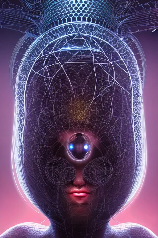 Image similar to a centered render of an alien bio - organic overlord adorned with cables and synthesizer parts is surrounded by sacred geometry, full body, gorgeous face, perfect face, powerful, cinematic, beautifully lit, by artgerm, by karol bak, 3 d, trending on artstation, octane render, 8 k