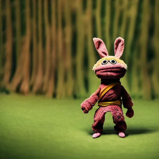 Image similar to a little brown karate loving ninja bunny that is a muppet wearing cool ninja clothes and practicing her karate out in nature, photorealistic, photography, ambient occlusion, rtx, national geographic, sesame street