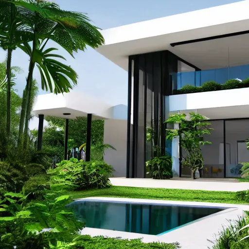 Prompt: modern house, surrounded by a lush jungle, hyper realistic, photo real, HD